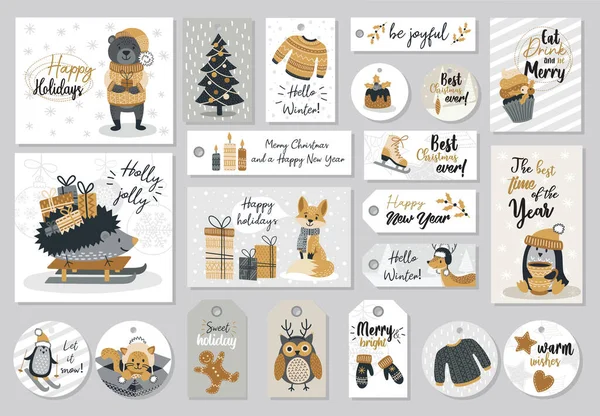 Conjunto Moderna Mão Desenhada Cartões Felicitações Natal Etiquetas Com Animais — Vetor de Stock