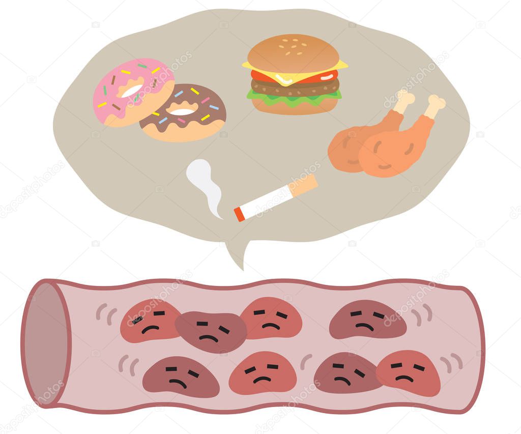 eating junk food and smoking increase blood cholesterol and lead to unhealthy blood vessel