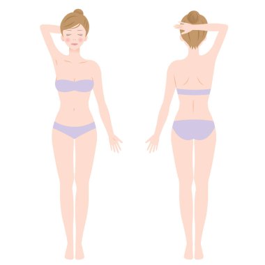 Beyaz arka plan üzerinde izole kadın bedeni duran önden ve arkadan görünüm