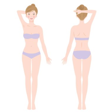 Beyaz arka plan üzerinde izole kadın bedeni duran önden ve arkadan görünüm