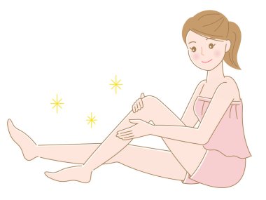 young woman touching smooth hairless leg, beauty body care concept. isolated on white background 