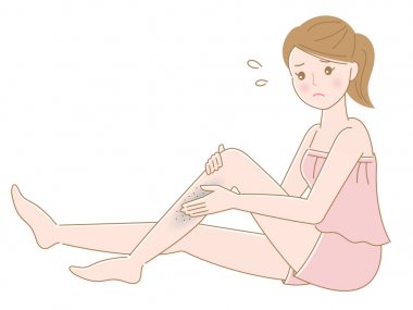 young woman touching dark patches on her leg isolated on white background. beauty body care concept