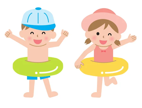 Fröhliche Jungen Und Mädchen Badeanzügen Mit Schwimmring Niedliche Karikatur Kinder — Stockvektor