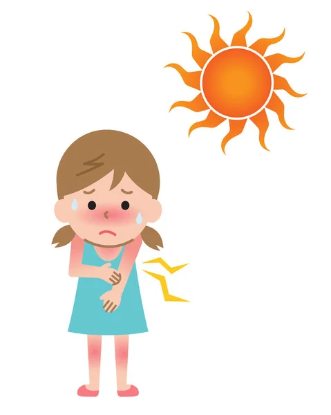 晒伤和女孩的孩子插图 夏季保健理念 — 图库矢量图片