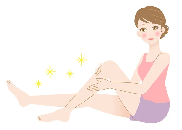Young Woman Touching Smooth Hairless Leg Beauty Body Care Concept — 스톡 벡터