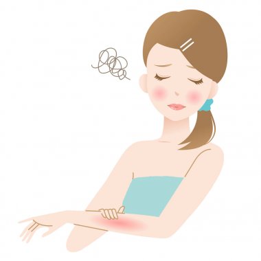 young woman touching her redness arm isolated on white background. beauty body care concept
