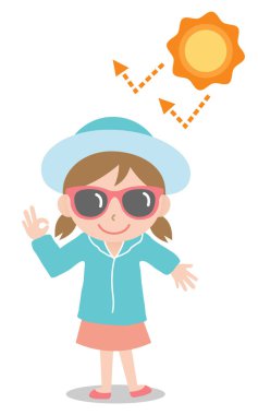 güneş güvenlik ipuçları kız çocuk illüstrasyon. Uv koruma ürünleri, şapka, güneş gözlüğü, gölge, güneş kremi ve giyim Uv ışınlarına karşı korumaya yardımcı 