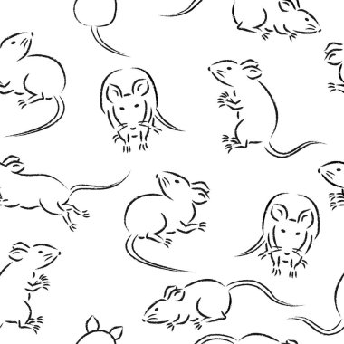 siyah çizgi çizim fareler illüstrasyon ile sorunsuz desen. hareket ve pozlar çeşitli, çalışan, ayakta ve ön, arka ve yan görünüm ile oturma