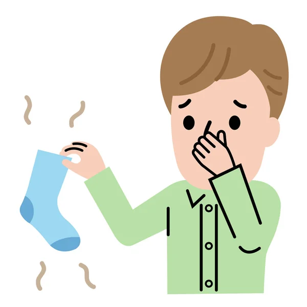 Young Man Holding Smelly Socks Clogged Nose Health Care Hygiene — 스톡 벡터