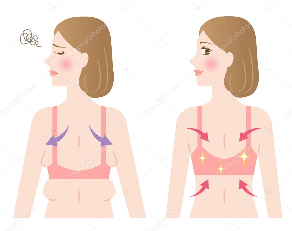 shape up back and back fat woman before and after illustration. Beauty body care concept