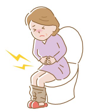 Klozet kapağında karın ağrısı çeken orta yaşlı bir kadın. İshal, kabızlık ve regl ağrısı belirtileri. Sağlık hizmeti kavramı