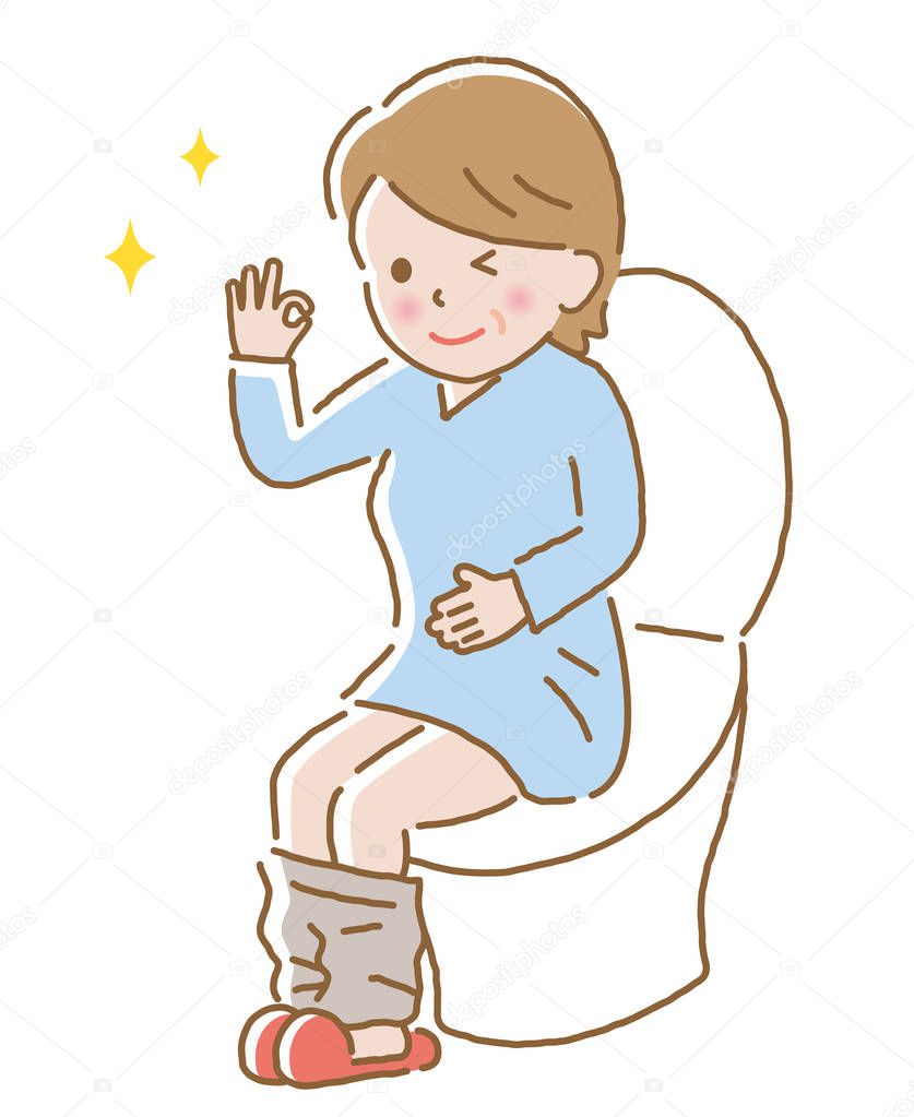 middle-aged woman with regular bowel movement sitting on toilet seat.  Health care concept