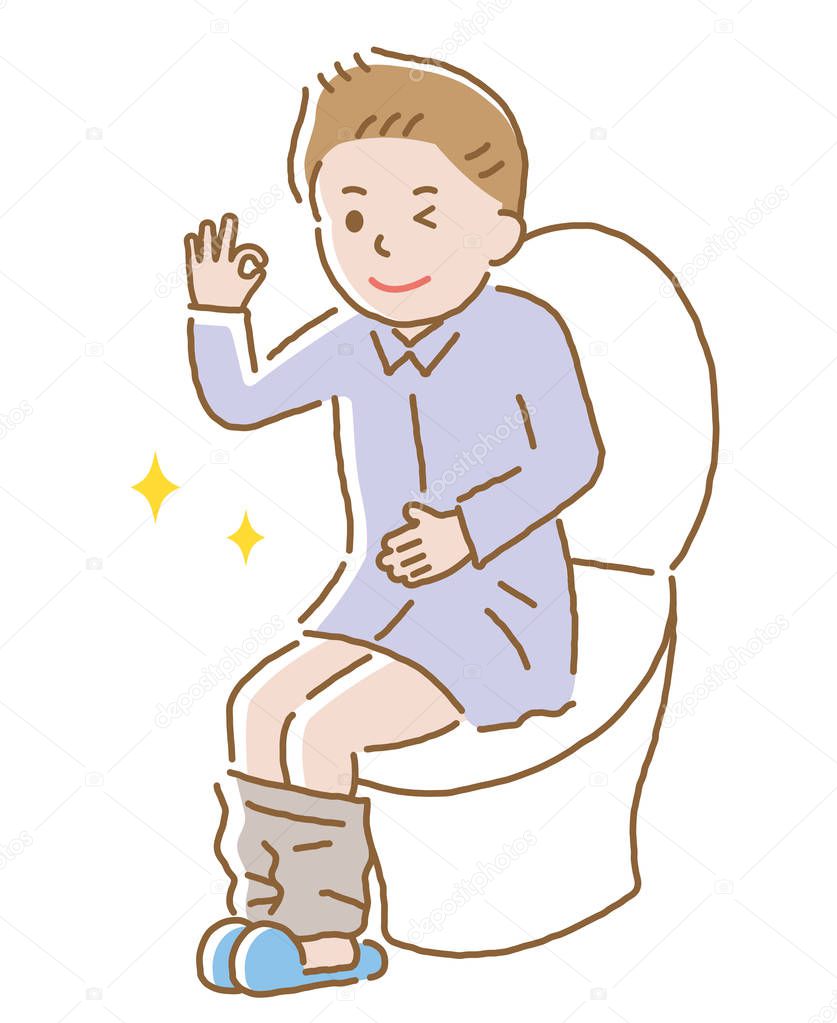 young man with regular bowel movement sitting on toilet seat.  Health care concept