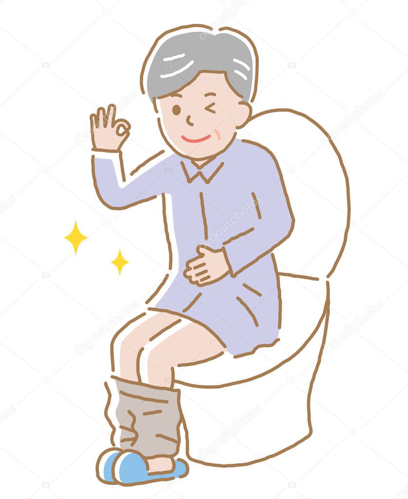 elderly man with regular bowel movement sitting on toilet seat.  Health care concept