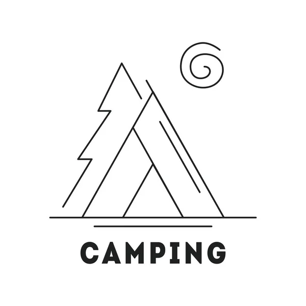 Icône de ligne avec concept d'activité vacances d'été. Camp avec tente dans la forêt. Vecteur isolé sur blanc — Image vectorielle