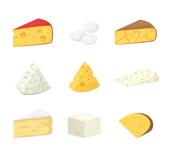 Κομμάτια του τυριού που απομονώνονται σε λευκό. Δημοφιλές είδος τυριού εικονίδια. Μοντέρνο στυλ επίπεδη εικονογράφηση διάνυσμα — Διανυσματικό Αρχείο