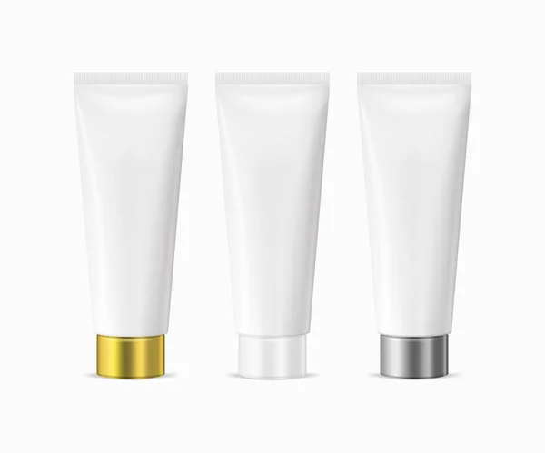 Beyaz arka plan üzerinde izole vektör gerçekçi beyaz boş plastik kapalı güzellik kozmetik tüp set.