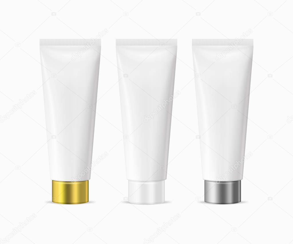 Vector realistic white blank plastic closed beauty cosmetic tube set isolated on white background.