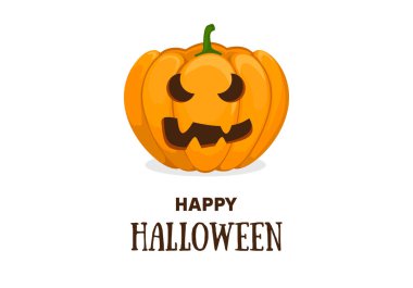 Şirin halloween daveti veya tebrik kartı şablonu sevimli gülümseyen Turuncu kabak ve metin mutlu Cadılar Bayramı. Afiş, poster ve web tasarım için kullanılabilir. Vektör düz çizgi film illüstrasyon.