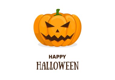 Şirin halloween daveti veya tebrik kartı şablonu sevimli gülümseyen Turuncu kabak ve metin mutlu Cadılar Bayramı. Afiş, poster ve web tasarım için kullanılabilir. Vektör düz çizgi film illüstrasyon.