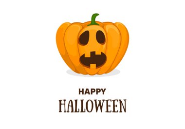 Şirin halloween daveti veya tebrik kartı şablonu sevimli gülümseyen Turuncu kabak ve metin mutlu Cadılar Bayramı. Afiş, poster ve web tasarım için kullanılabilir. Vektör düz çizgi film illüstrasyon.