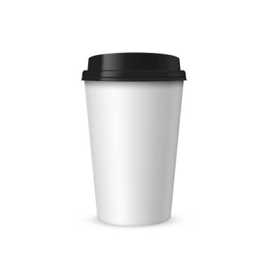 Boş gerçekçi kahve veya çay beyaz papet Kupası mockup siyah kapaklı. Marka tasarım şablonu. Vektör çizim üzerinde beyaz izole.