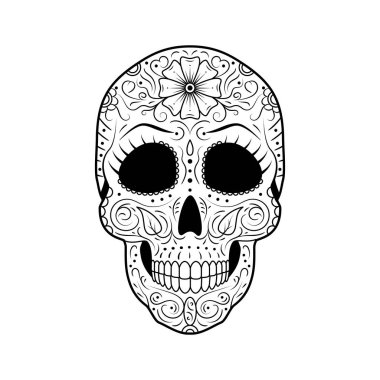 Siyah ve beyaz gün ölü şeker kafatası detaylı çiçek süsleme ile. Meksika sembolü calavera. El çizgi vektör çizim çekilmiş. Kadın dövme kroki kirpik, desen, çiçek ve yaprakları