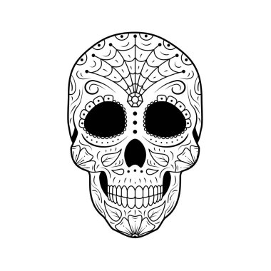 Siyah ve beyaz gün ölü şeker kafatası detaylı çiçek süsleme ile. Meksika sembolü calavera. El çizgi vektör çizim çekilmiş. Kadın dövme kroki spiderweb, desen, çiçek ve yaprakları