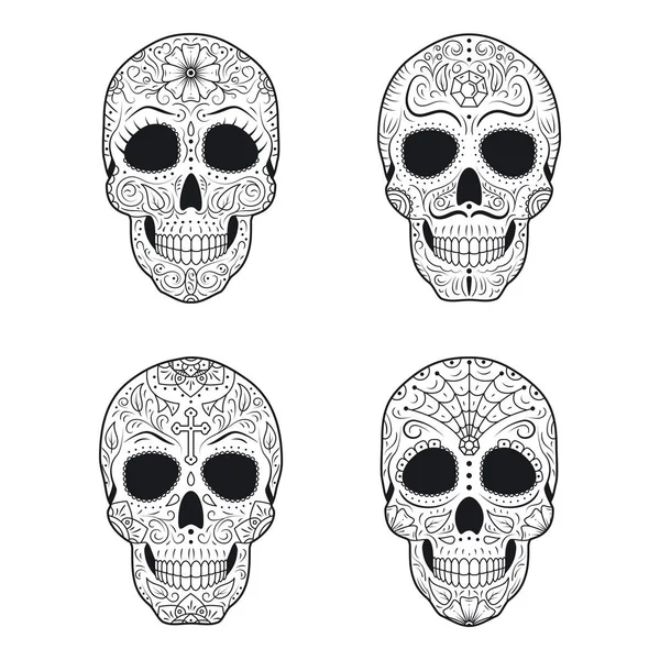 Gün ölü şeker kafatasları ile detaylı çiçek süsleme ayarlayın. Meksika sembolü calavera koleksiyonu. El çizgi vektör çizim çekilmiş. Cadılar bayramı dekorasyonu. Kroki desen, çiçek ve yaprakları dövme