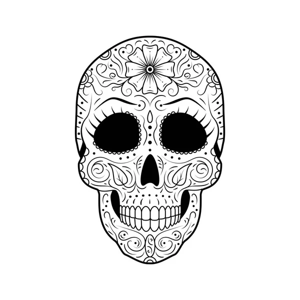 Blanco Negro Día Calavera Azúcar Muerto Con Adorno Floral Detallado — Vector de stock