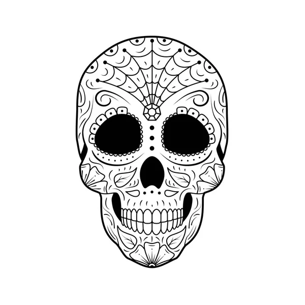 Siyah ve beyaz gün ölü şeker kafatası detaylı çiçek süsleme ile. Meksika sembolü calavera. El çizgi vektör çizim çekilmiş. Kadın dövme kroki spiderweb, desen, çiçek ve yaprakları