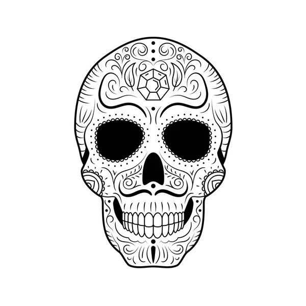 詳細な花飾りと 死んだ砂糖頭蓋骨の黒と白の日 メキシコのシンボル カラベラ 手には 行ベクトル図が描かれました ツイストの眉毛と口ひげ パターンの男タトゥー スケッチ — ストックベクタ