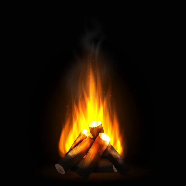Realistic burning bonfire with wood. Blazing campfire, firewood and smoke. Vector illustration — Stock Vector