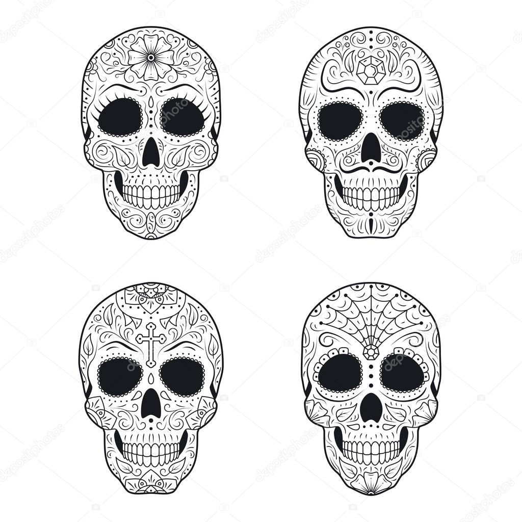 Set Day of The Dead Sugar Skulls with detailed floral ornament. Mexican symbol calavera collection. Hand drawn line vector illustration. Halloween decor. Tattoo sketch with pattern, flowers and leaves