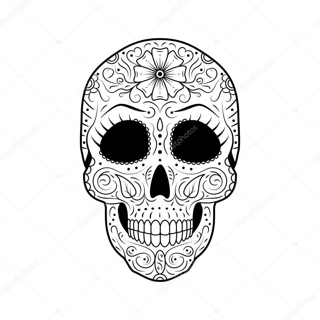 Black and white Day of The Dead Sugar Skull with detailed floral ornament. Mexican symbol calavera. Hand drawn line vector illustration. Woman tattoo sketch with eyelashes, pattern, flowers and leaves