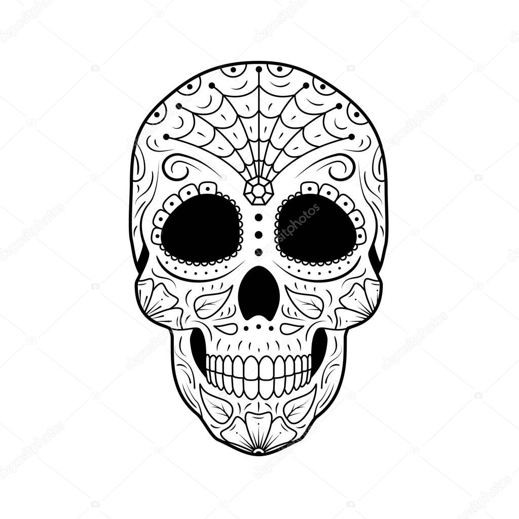Black and white Day of The Dead Sugar Skull with detailed floral ornament. Mexican symbol calavera. Hand drawn line vector illustration. Woman tattoo sketch with spiderweb, pattern, flowers and leaves