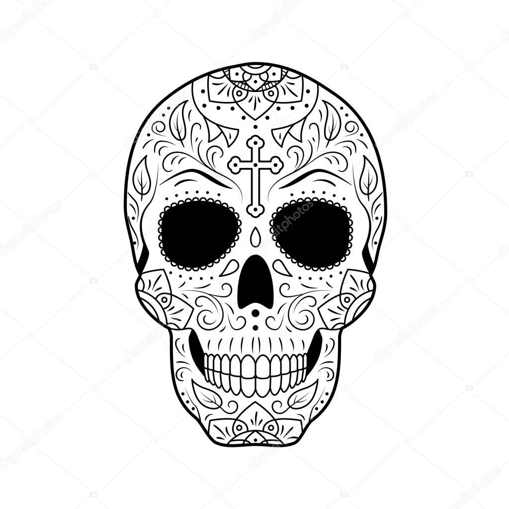 Black and white Day of The Dead Sugar Skull with detailed floral ornament. Mexican symbol calavera. Hand drawn line vector illustration. Tattoo sketch with cross, pattern, flowers and leaves.