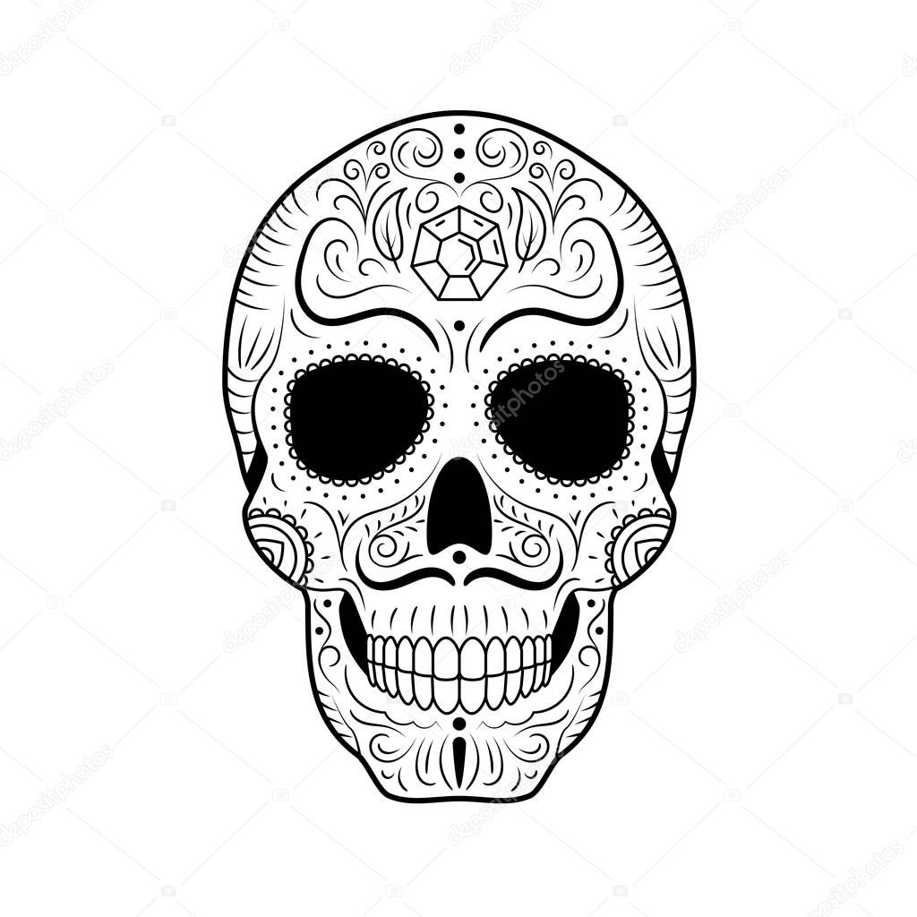 Black and white Day of The Dead Sugar Skull with detailed floral ornament. Mexican symbol calavera. Hand drawn line vector illustration. Man tattoo sketch with twisted eyebrows and mustache, pattern.