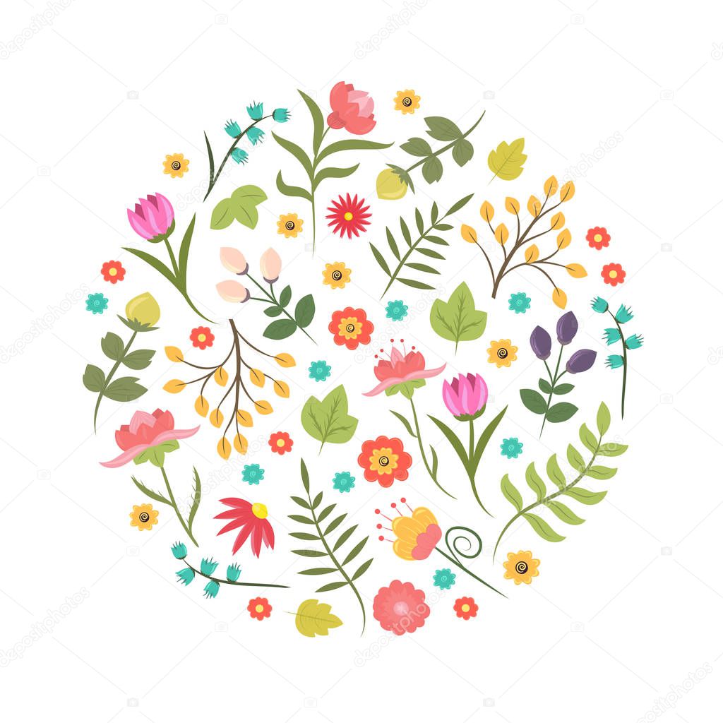 Hand drawn style summer or spring floral decorative design element or logo in circle shape. Business identity for boutique, organic cosmetics or flower shop card. Vector illustration isolated on white