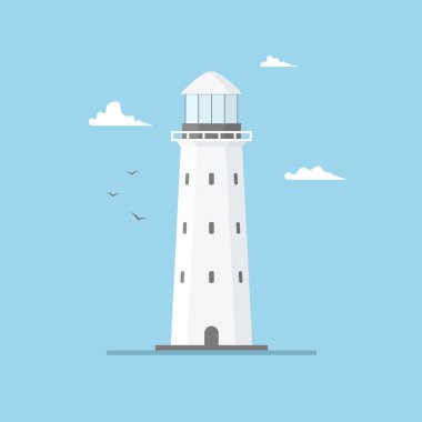 Deniz feneri bina ve mavi gökyüzü düz Illustration. Projektör kule martılar ve bulutlar
