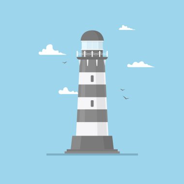Deniz feneri bina ve mavi gökyüzü düz Illustration. Projektör kule martılar ve bulutlar