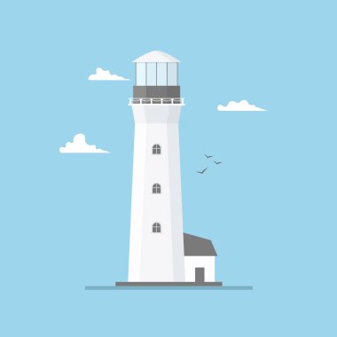 Deniz feneri bina ve mavi gökyüzü düz Illustration. Projektör kule martılar ve bulutlar