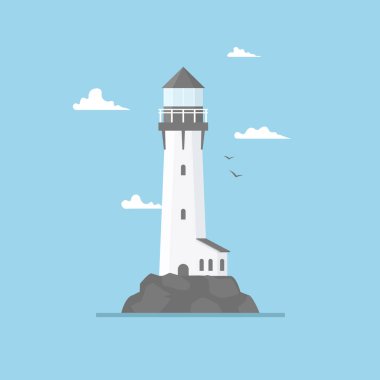 Deniz feneri bina ve mavi gökyüzü düz Illustration. Projektör kule martılar ve bulutlar