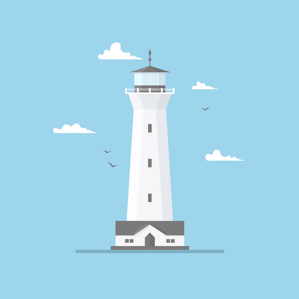 Flat illustration of lighthouse building and blue sky. Searchlight tower with seagulls and clouds