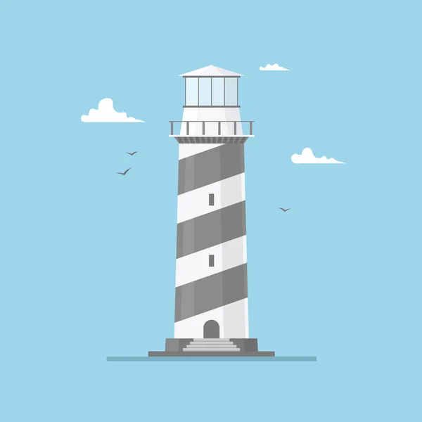 Flat illustration of lighthouse building and blue sky. Searchlight tower with seagulls and clouds