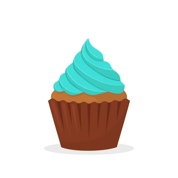 Chocolate muffin with blue cream. Sweet food, cupcake with frosting flat vector icon — Stock Vector