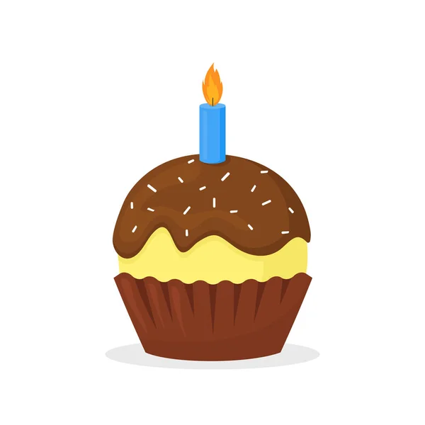 Muffin with chocolate froasting and candle. Sweet food, holiday or birth day cupcake flat vector icon — Stock Vector