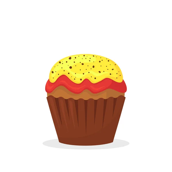 Chocolate muffin with yellow and red cream. Sweet food, cupcake with frosting flat vector icon — Stock Vector