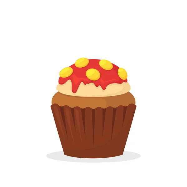 Bolo de chocolate com creme de baunilha, cobertura vermelha e doces amarelos. Comida doce, cupcake com geada ícone vetorial plana —  Vetores de Stock
