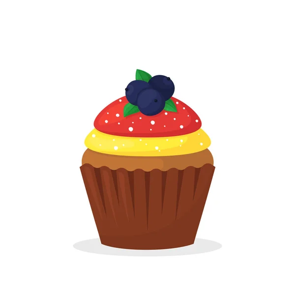 Chocolate muffin with berries, yellow and red cream. Sweet food, cupcake with frosting flat vector icon — Stock Vector